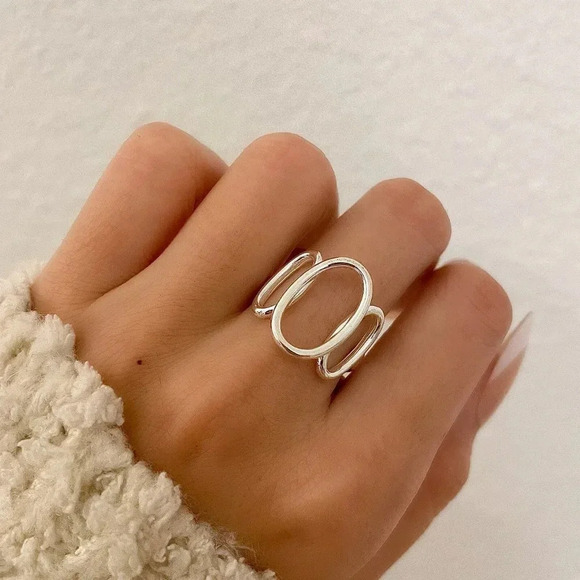925 Sterling Silver Chunky Ring Oval Round Geometric Minimalist Ring - Picture 6 of 7